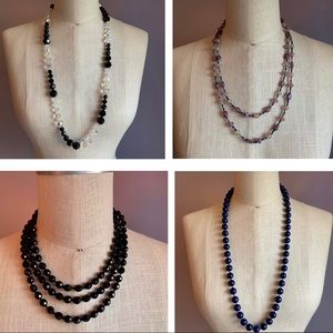 Set of 4 classic beaded long necklaces in blues and black
